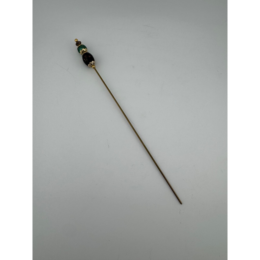 Vintage Style Brass Hat Pin‎ Green Black Art Glass Beads Gold Tone Filigree
